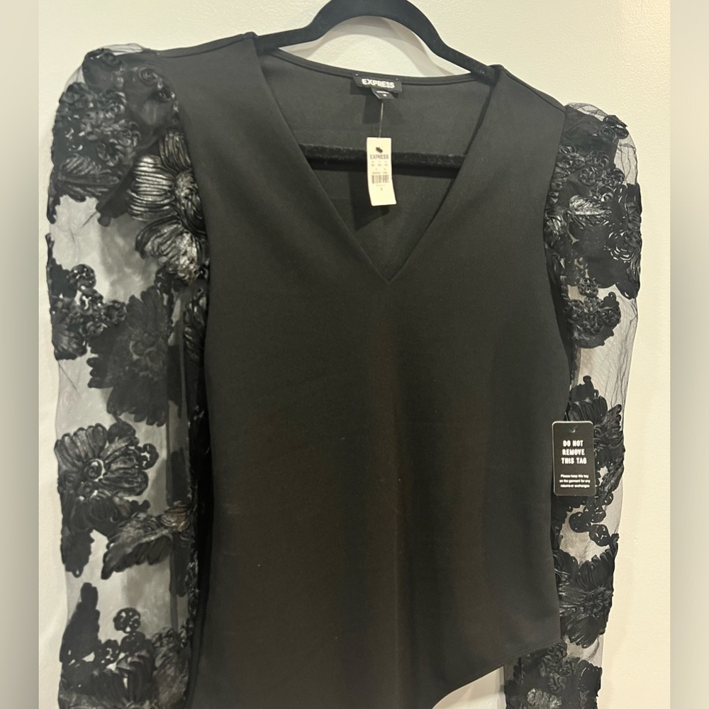 Express Black Bodysuit with Sheer Floral Sleeves - Picture 2 of 4